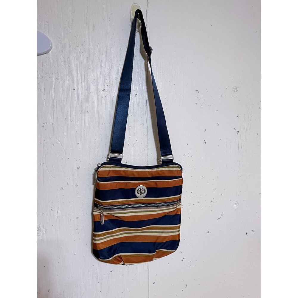 Baggallini Crossbody Bag Striped Nylon Navy Orange Multi Pocket Travel Purse - Picture 2 of 12